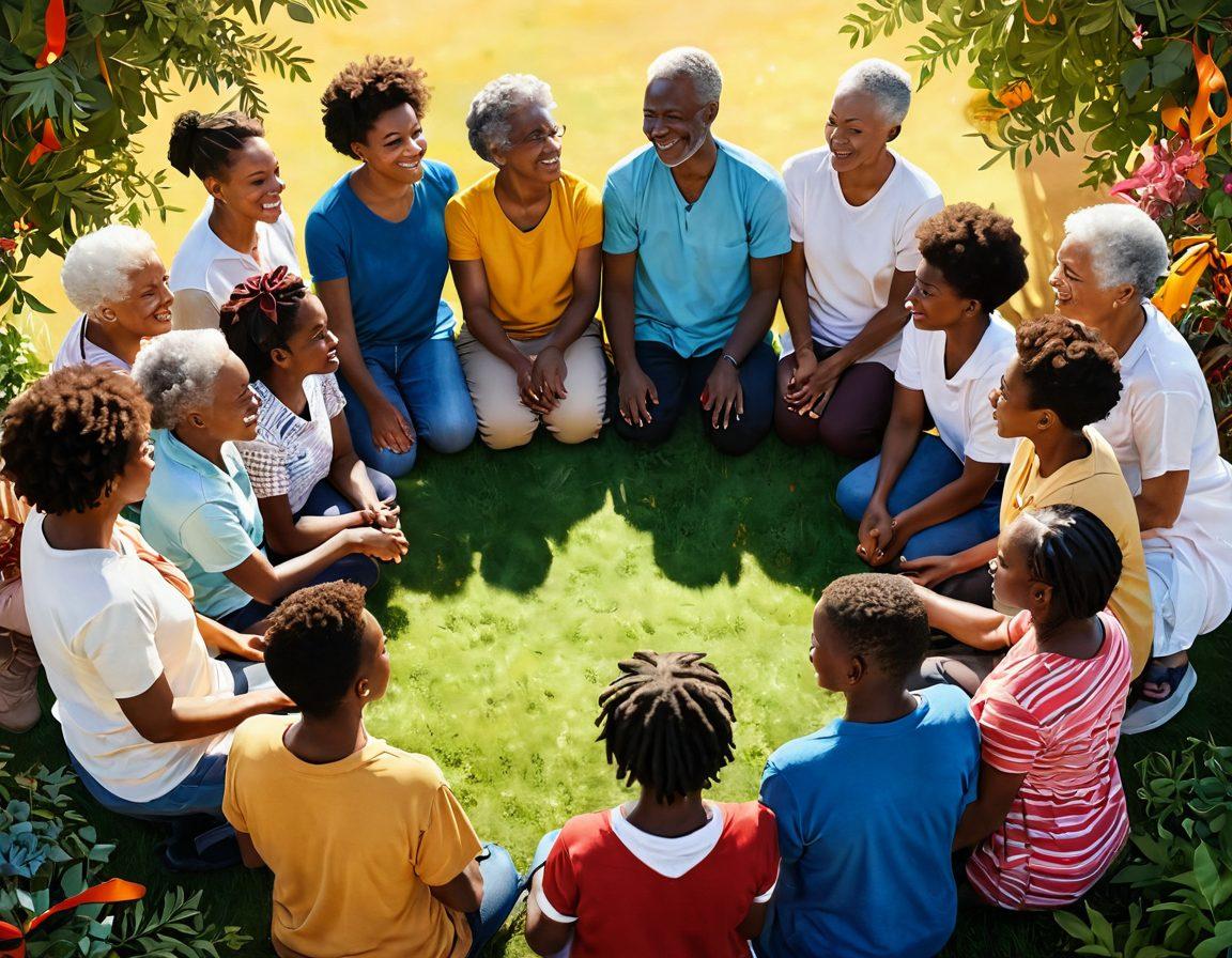 A diverse group of people of various ages and backgrounds sharing stories in a circle, symbolizing support and community. In the background, vibrant ribbons representing different causes side the scene, while flourishing plants signify growth and healing. The atmosphere is warm and hopeful, with soft sunlight filtering through. super-realistic. vibrant colors. warm tones.