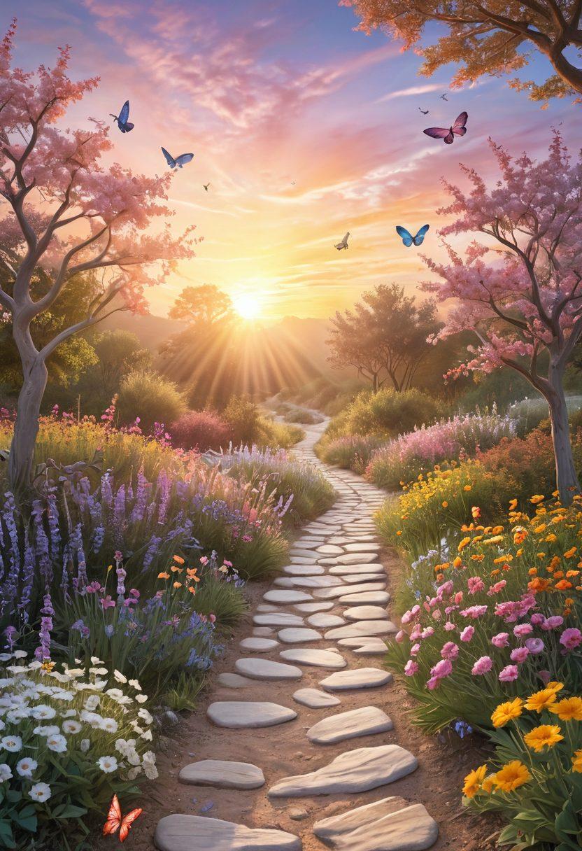 A hopeful sunrise illuminating a winding path symbolizing the journey of cancer patients, with supportive hands reaching out along the sides, featuring diverse individuals in various stages of resilience and community support, infused with elements of nature like blooming flowers and butterflies representing strength and transformation. soft pastel colors. 3D. inspirational.