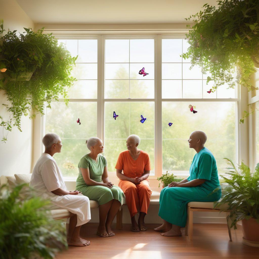 A serene scene depicting a group of diverse cancer patients engaged in a supportive conversation, surrounded by uplifting elements such as vibrant green plants and soft sunlight filtering through a window. Include symbolic representations of hope, like butterflies and a heart-shaped tree, to embody empowerment and resilience. The atmosphere should convey warmth and optimism. vibrant colors. soft focus.